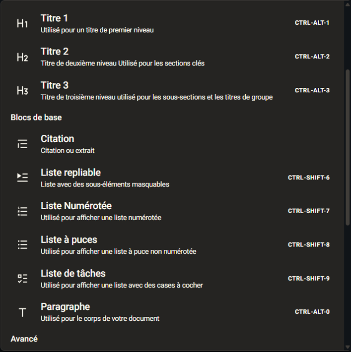 Menu d'insertion ouvert via / : sélection des types de blocs classiques (Titre 1/2/3, Citation, Liste repliable, Liste numérotée, Liste à puces, Liste de tâches, Paragraphe) avec leurs raccourcis clavier affichés à droite.