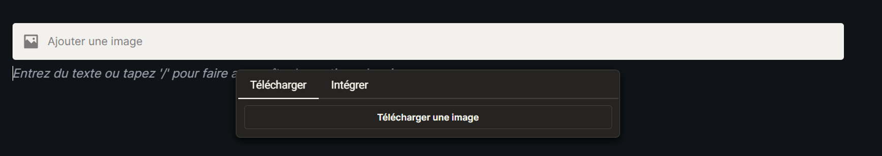 Bloc image fraîchement inséré dans une leçon : barre placeholder Ajouter une image et popover ouvert proposant deux onglets — Télécharger (avec bouton Télécharger une image) et Intégrer (URL externe).