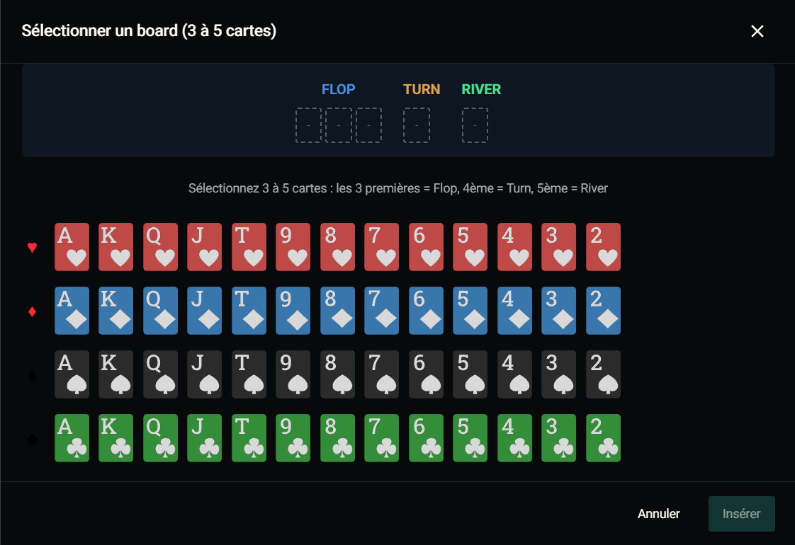 Modal Sélectionner un board (3 à 5 cartes) : emplacements FLOP / TURN / RIVER en haut qui se remplissent au fur et à mesure, deck des 52 cartes en-dessous (4 couleurs × 13 rangs) à cliquer pour composer le board.