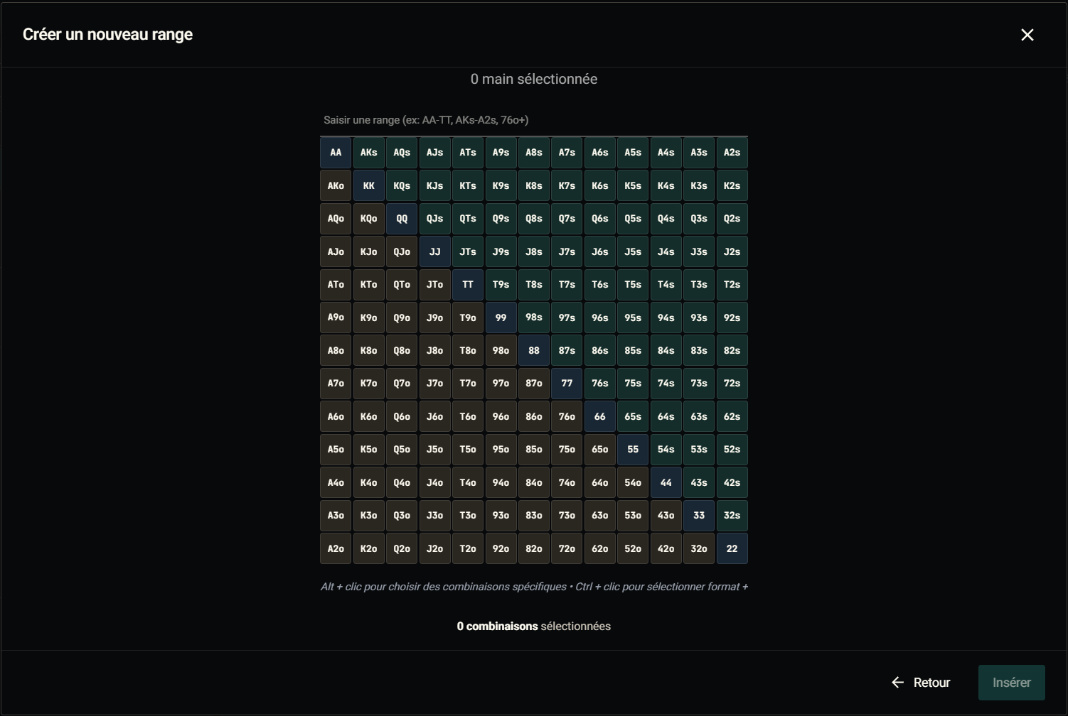 Modal Créer un nouveau range : matrice 13×13 des combos préflop (AA, AKs… 22) cliquable, champ texte « Saisir une range (ex: AA-TT, AKs-A2s, 76o+) » synchronisé avec la matrice, raccourcis Alt + clic (combos spécifiques) et Ctrl + clic (format +), bouton Retour pour repasser sur le sélecteur de range existante.
