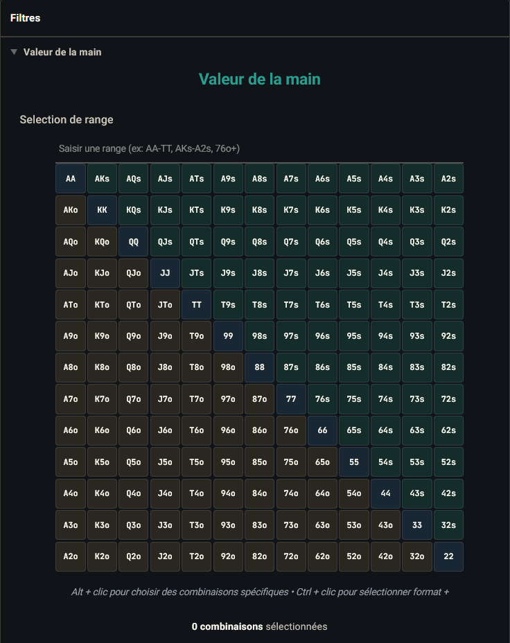 Section Valeur de la main : matrice 13×13 cliquable et champ de notation textuelle synchronisés, pour composer une range visuellement ou en l'écrivant.
