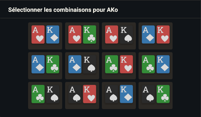 Modal de sélection de main spécifique : après un Alt + clic sur une cellule de la matrice, un petit panneau permet de choisir le combo exact (par couleurs, ex. AdKs).