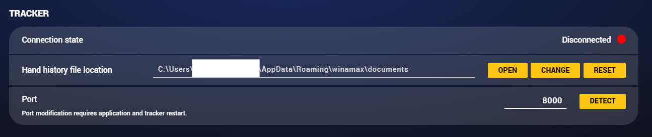 Capture du compte Winamax — section TRACKER, où le dossier de destination des hand histories est renseigné.